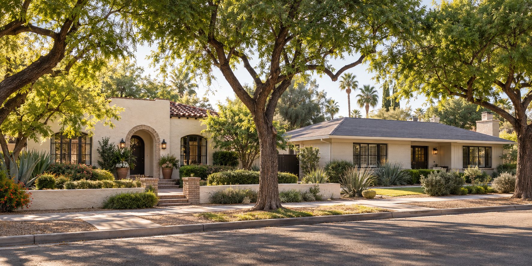 Fictional historic homes beneath mature trees in Uptown Phoenix